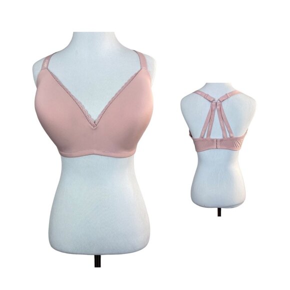 Aerie Bra 38DD Real Happy Wireless Lightly Lined‎ Pink Lace Trim Strappy Back - Picture 1 of 14